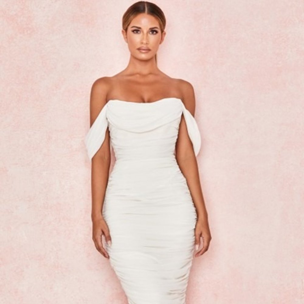 House of CB- Carlotta Ivory Ruched Draped Chiffon Dress, Size S
